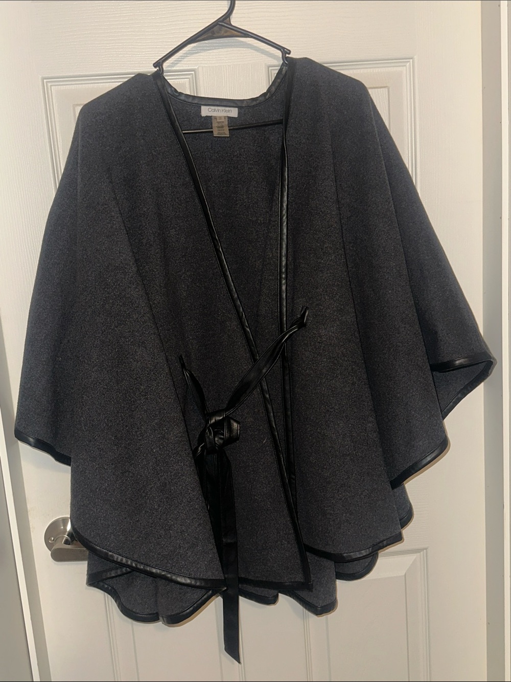 Calvin Klein Black Wrap Poncho with Leather-Trim Tie